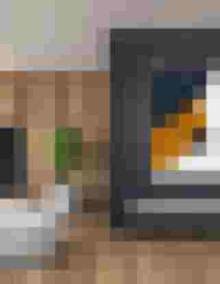 Modernes Wohnzimmer mit Holzoptik, Designheizkörper, Pflanzen, klaren Linien und Wandbild